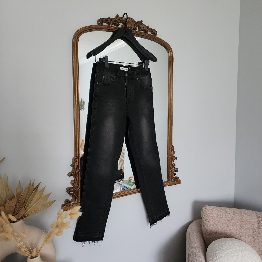 Anine Bing Mid Rise Faded Black Slim Jeans
